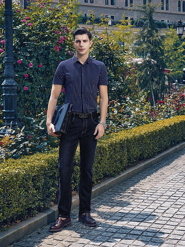 爱迪丹顿2021春夏季藏蓝色条纹衬衫