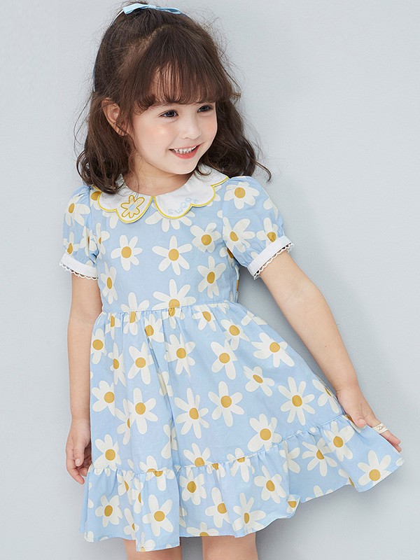 笛莎2021春夏季浅蓝色印花连衣裙