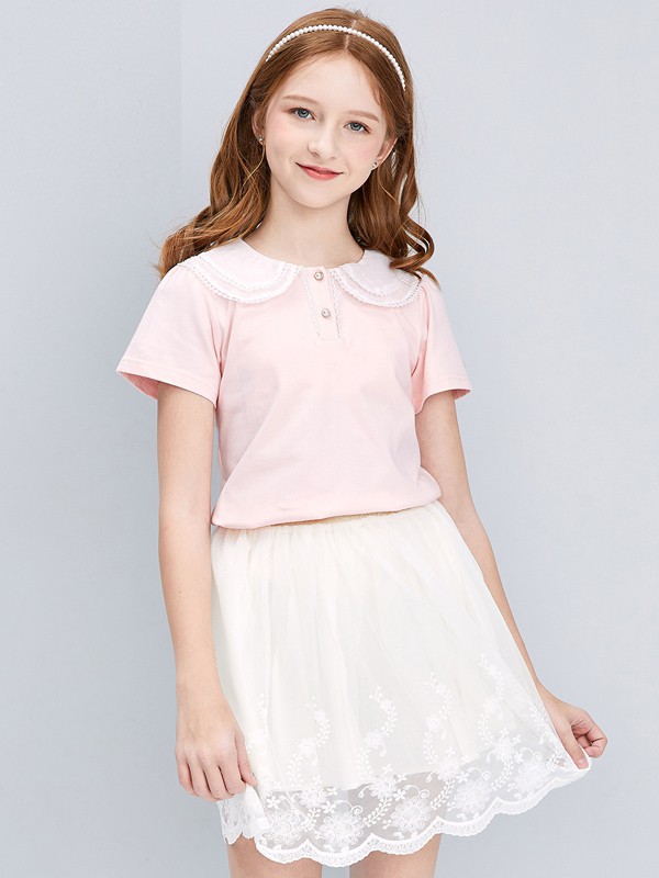 笛莎2021春夏季粉色荷叶边T恤