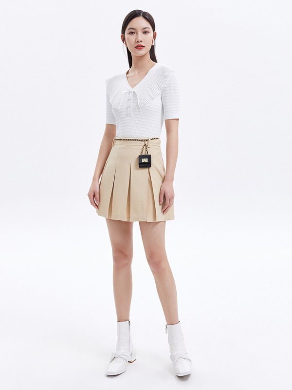 FivePlus女装2021春夏季卡其色纯色百褶裙