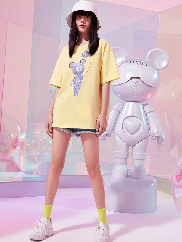 FivePlus女装2021春夏季黄色印花T恤