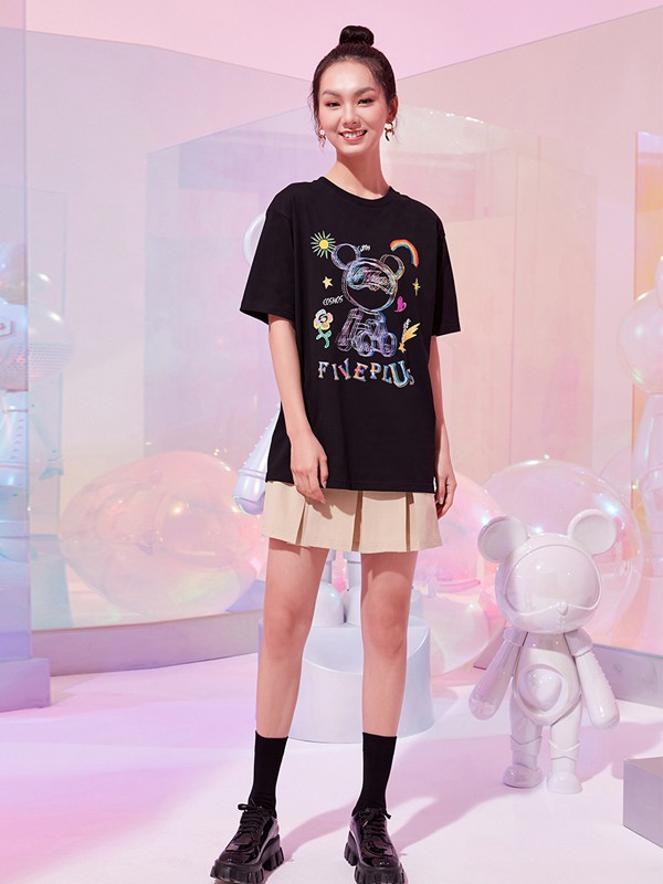 FivePlus女装2021春夏季黑色印花T恤
