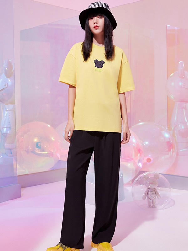 FivePlus女装2021春夏季黄色印花T恤