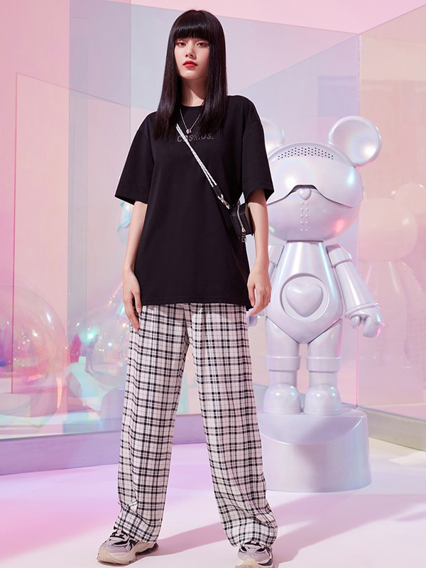 FivePlus女装2021春夏季白色格子长裤