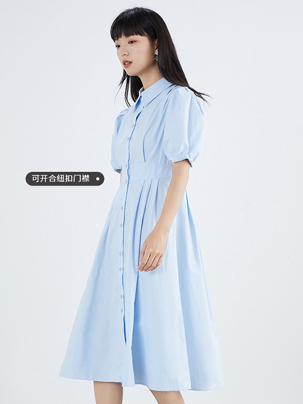 gcrues2021春夏季蓝色纯色连衣裙