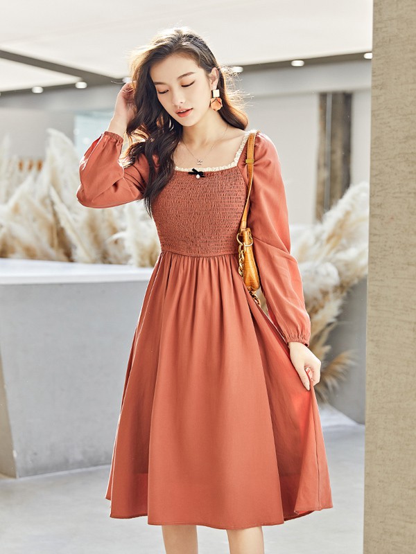 伊纳芙2021春夏季橙色收腰连衣裙