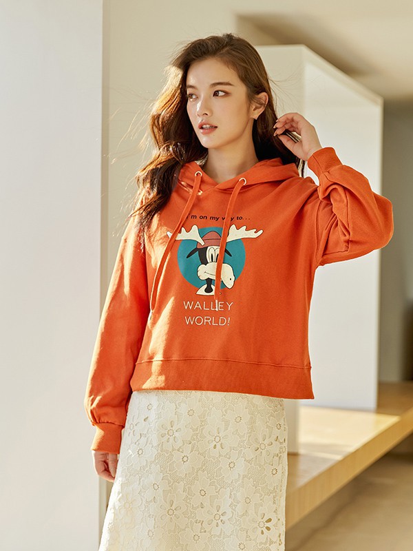 伊纳芙2021春夏季橙色印花卫衣