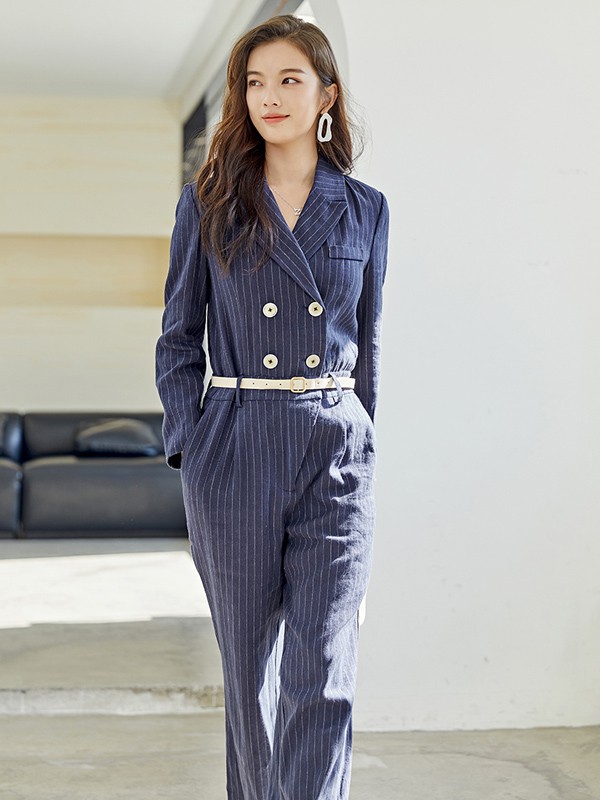 伊纳芙2021春夏季藏蓝色条纹连体裤