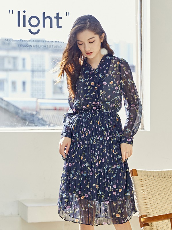 伊纳芙2021春夏季藏蓝色波点连衣裙