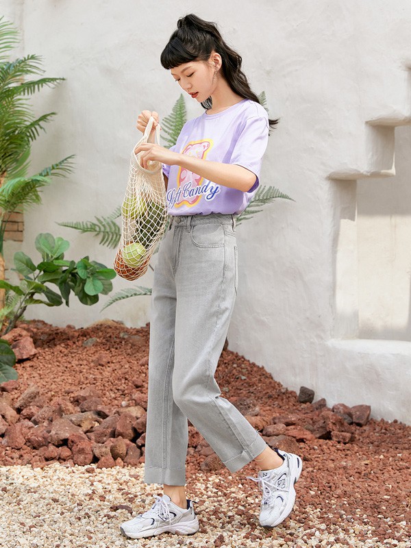 诗凡黎2021春夏季紫色印花T恤