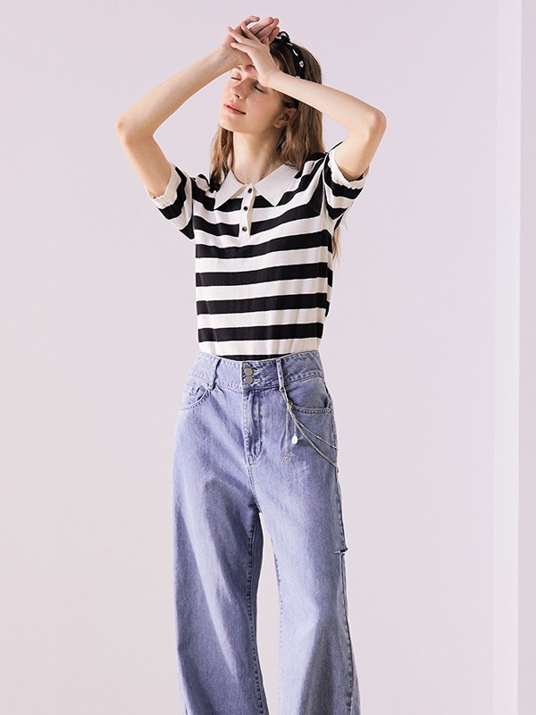 pit女装2021春夏季白色条纹polo衫