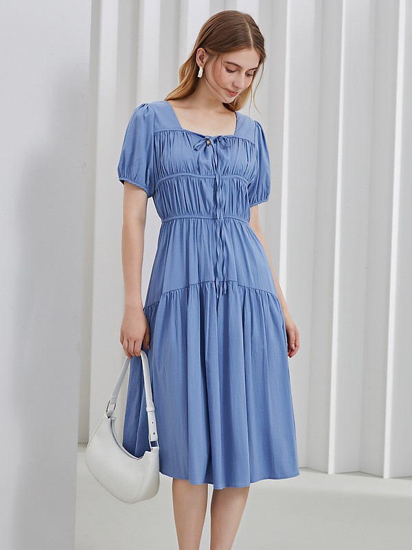 紫淑女装2021春夏季蓝色纯色连衣裙