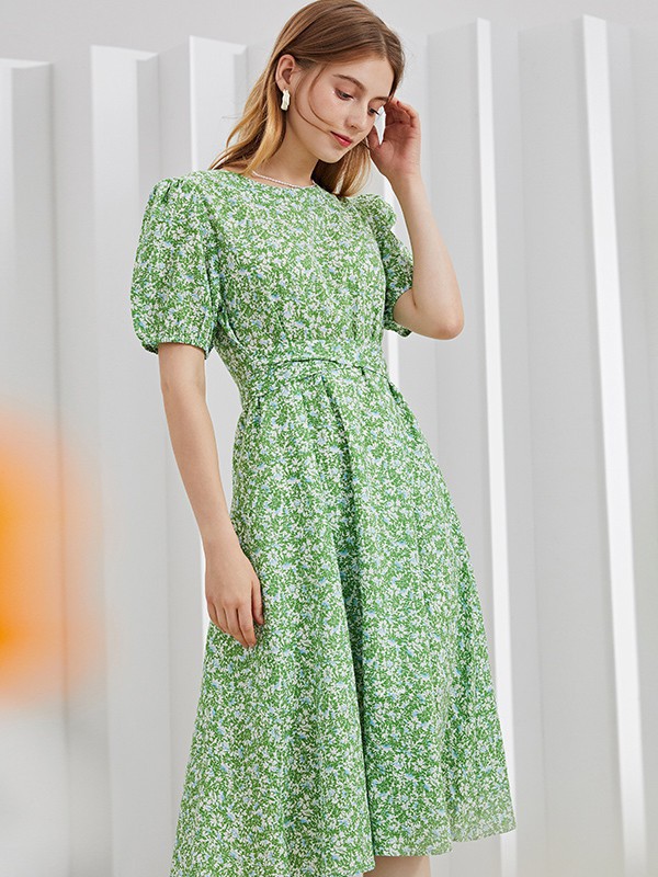 紫淑女装2021春夏季绿色印花连衣裙