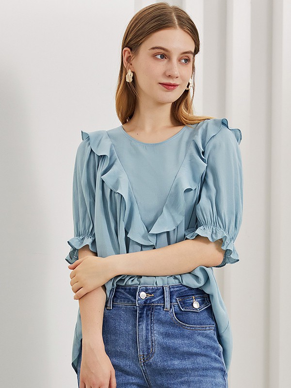 紫淑女装2021春夏季绿色荷叶边雪纺衫