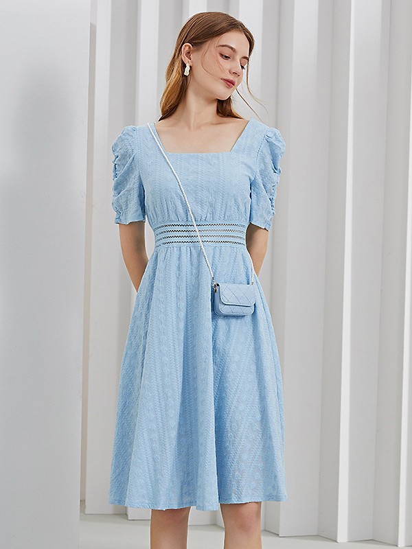 紫淑女装2021春夏季浅蓝色纯色连衣裙