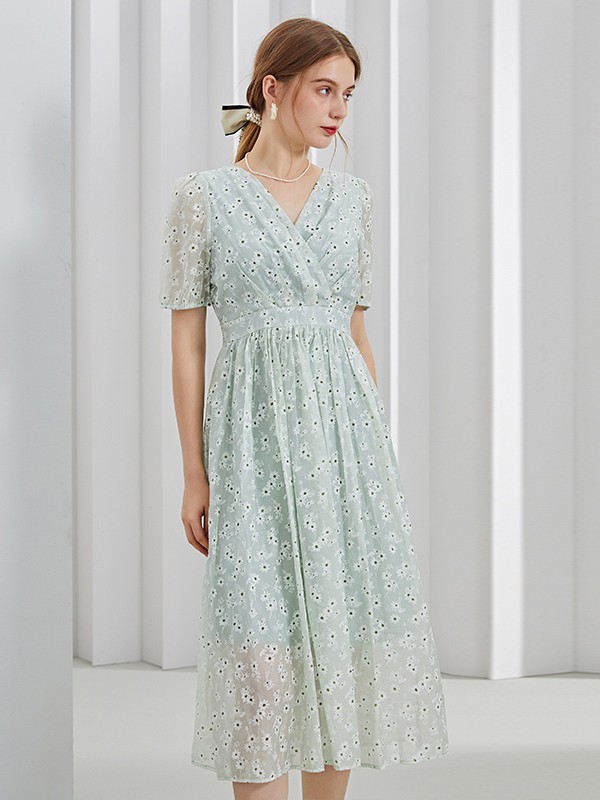 紫淑女装2021春夏季绿色印花连衣裙