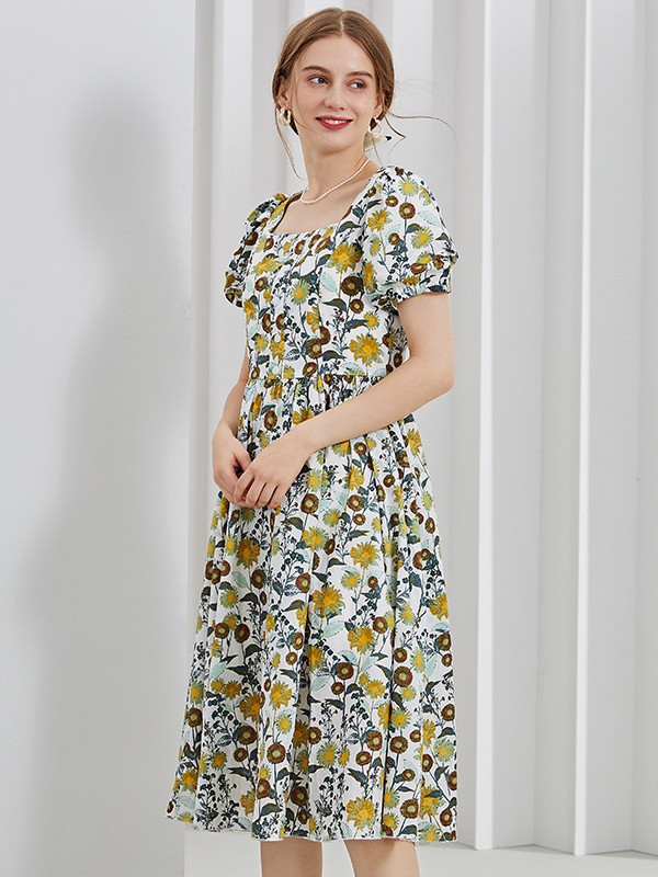 紫淑女装2021春夏季黑色印花连衣裙