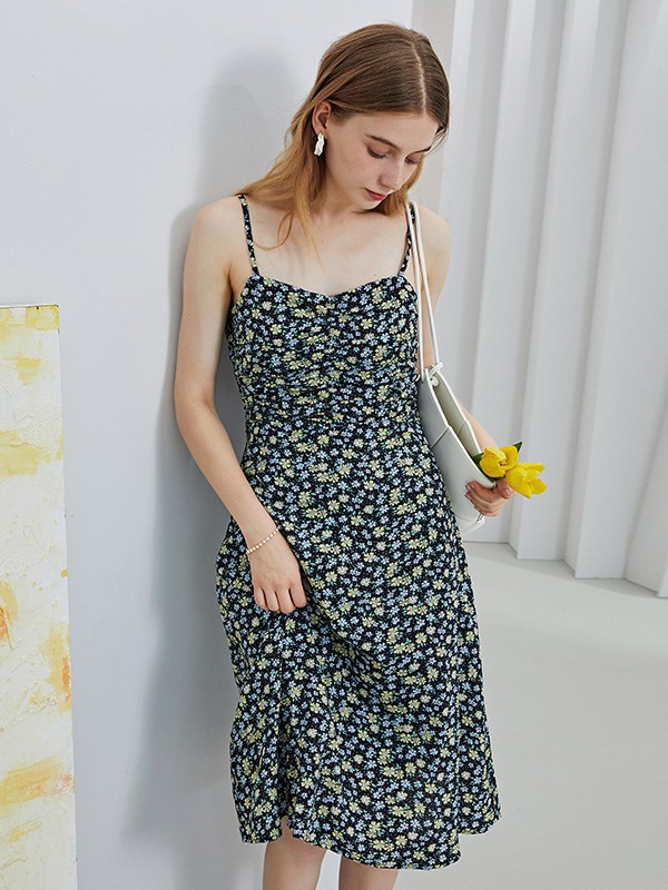 紫淑女装2021春夏季黑色波点吊带裙