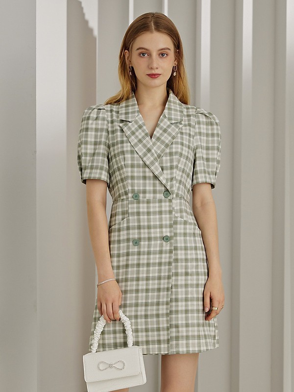 紫淑女装2021春夏季绿色格子连衣裙