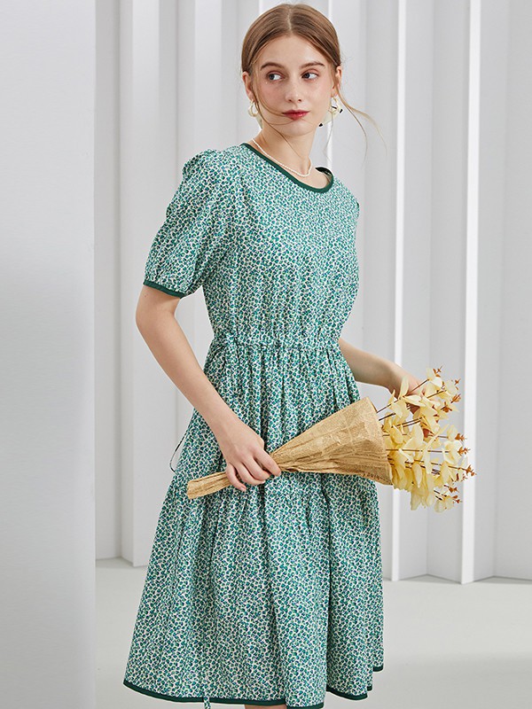 紫淑女装2021春夏季绿色波点连衣裙