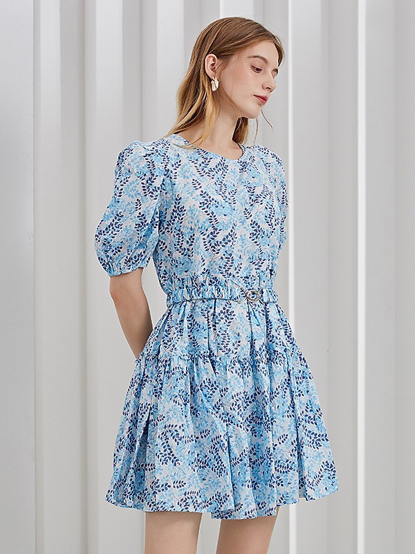 紫淑女装2021春夏季浅蓝色印花连衣裙
