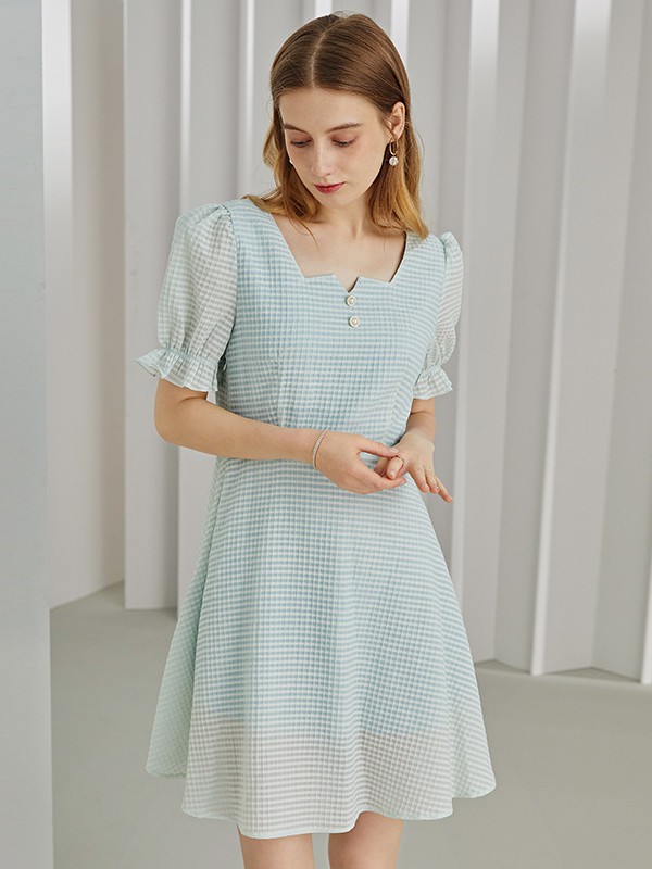 紫淑女装2021春夏季拼色格子连衣裙