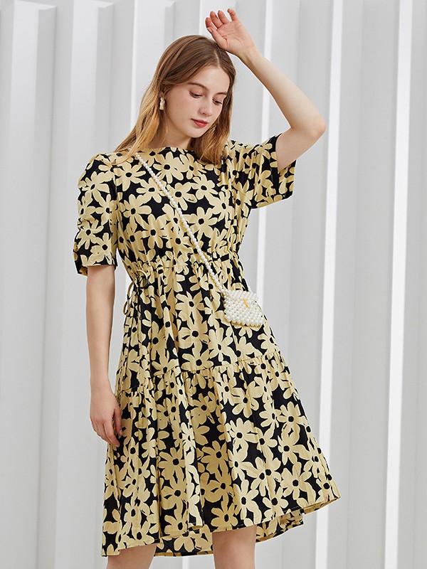 紫淑女装2021春夏季黄色印花连衣裙