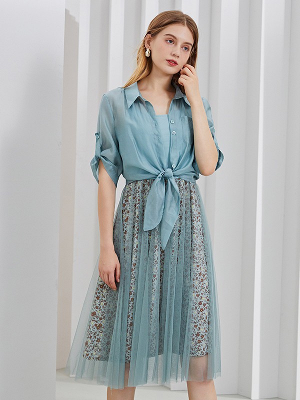 紫淑女装2021春夏季蓝色印花连衣裙