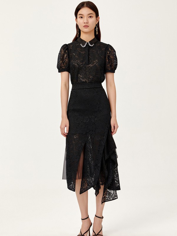 荷高2021春夏季黑色蕾丝半身裙