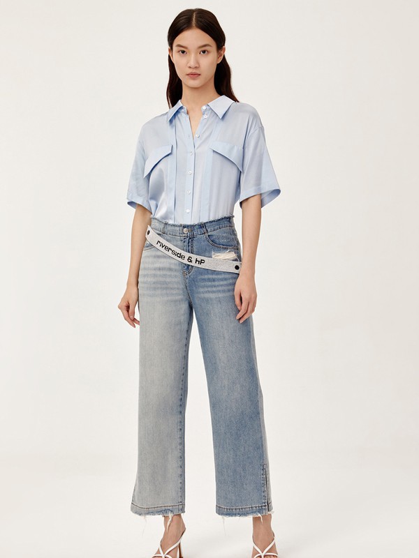 荷高2021春夏季浅蓝色纯色衬衫