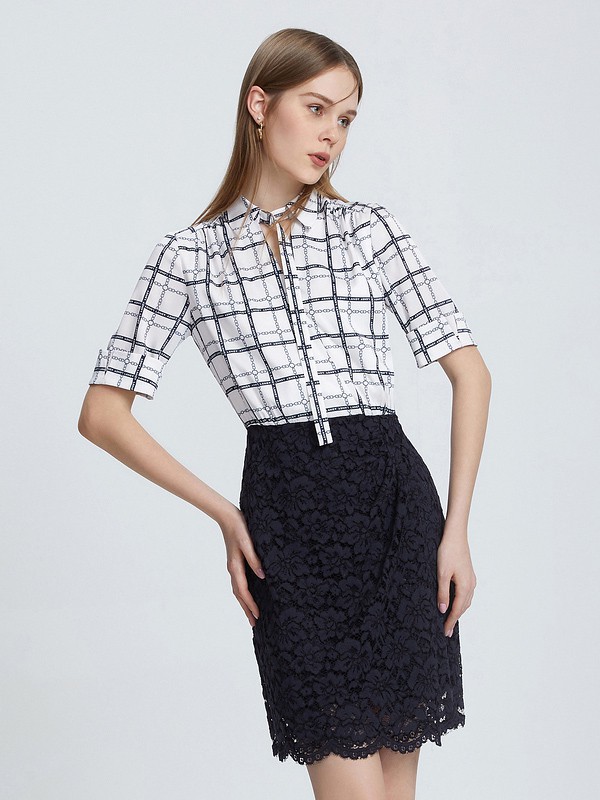 朗姿2021春夏季白色格子长裙