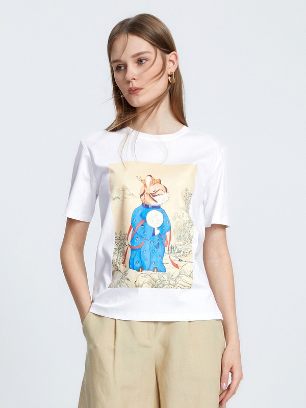 朗姿2021春夏季白色印花T恤