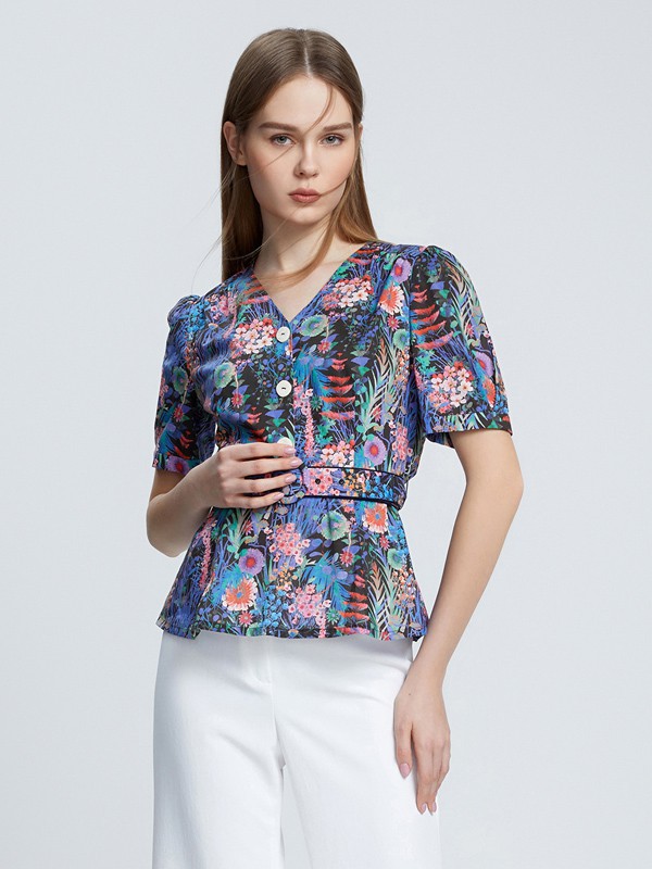 朗姿2021春夏季蓝色印花雪纺衫