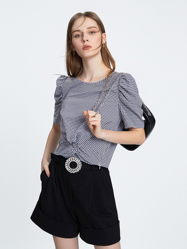 朗姿2021春夏季黑色格子上衣