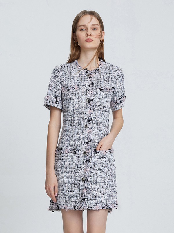 朗姿2021春夏季白色格子连衣裙