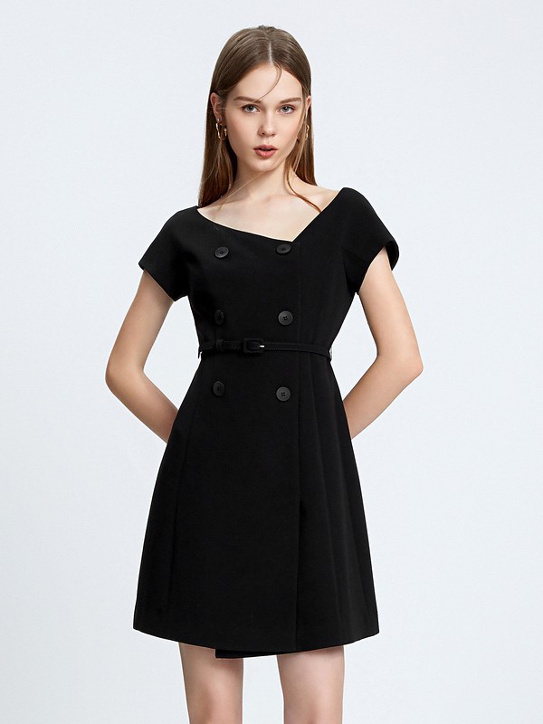 朗姿2021春夏季黑色纯色连衣裙