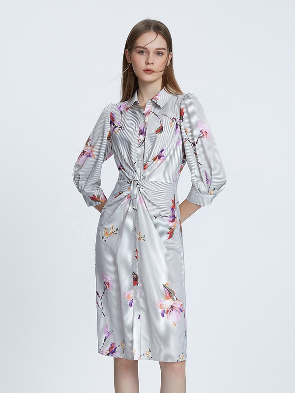 朗姿2021春夏季灰色印花连衣裙