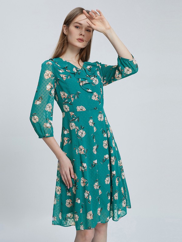 朗姿2021春夏季绿色印花连衣裙