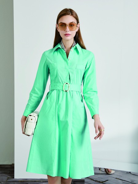 简约风情2021春夏季绿色纯色衬衫裙