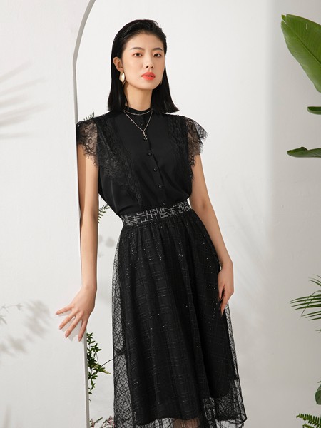 曼保睐2021春夏季黑色蕾丝连衣裙