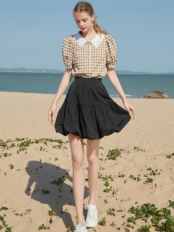 蓝色倾情2021春夏季黄色格子上衣