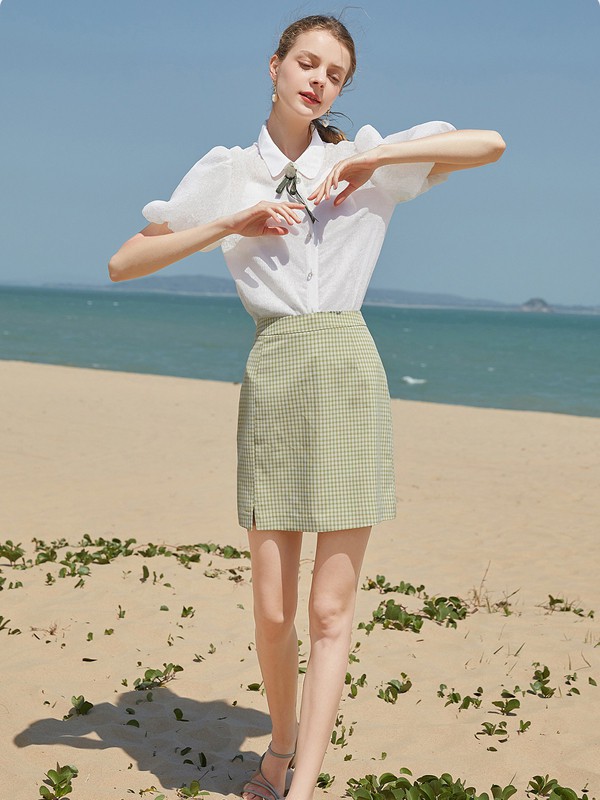 蓝色倾情女装2021春夏季抹茶绿格子包臀裙