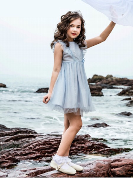 啾比乐2021春夏季蓝色纯色连衣裙