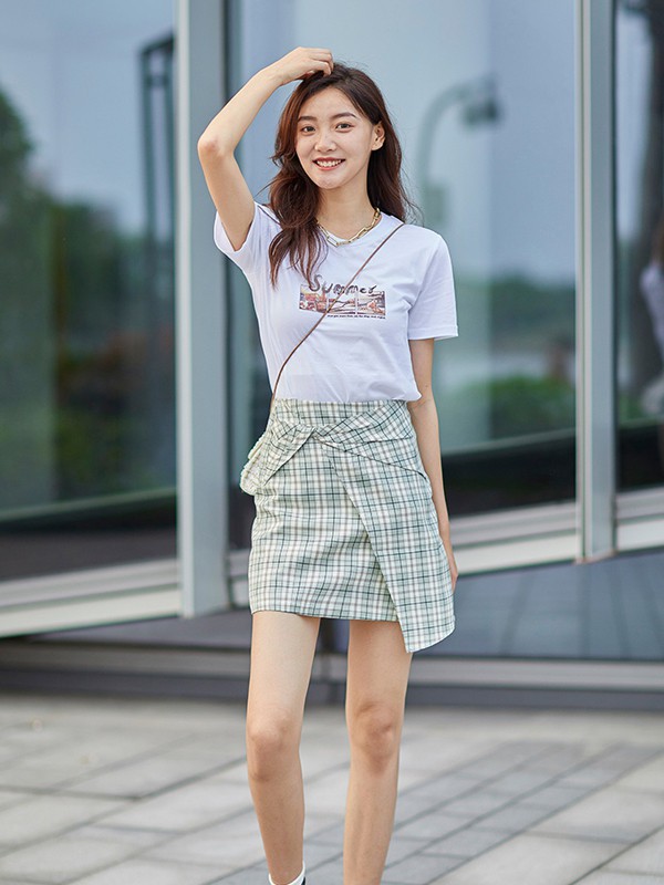 樱内女装2021春夏季绿色格子短裙