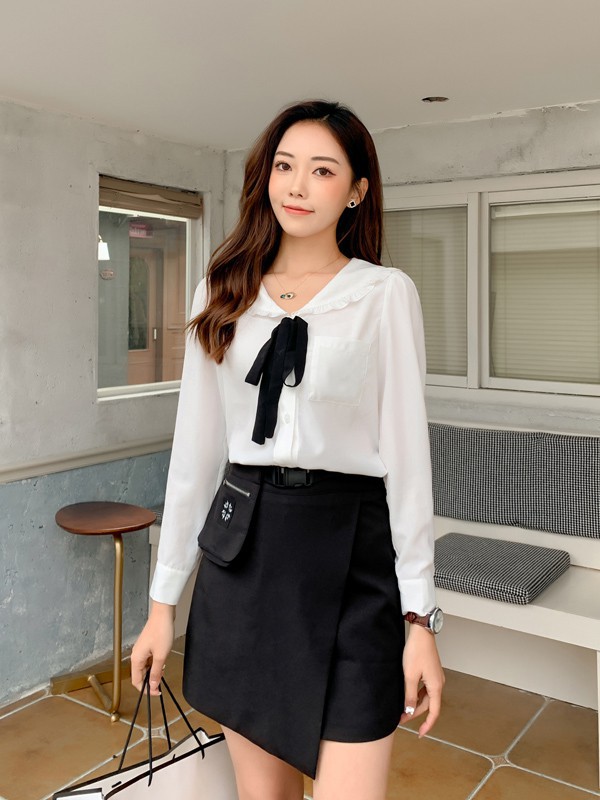 天使韩城女装2021春夏季黑色波浪短裤