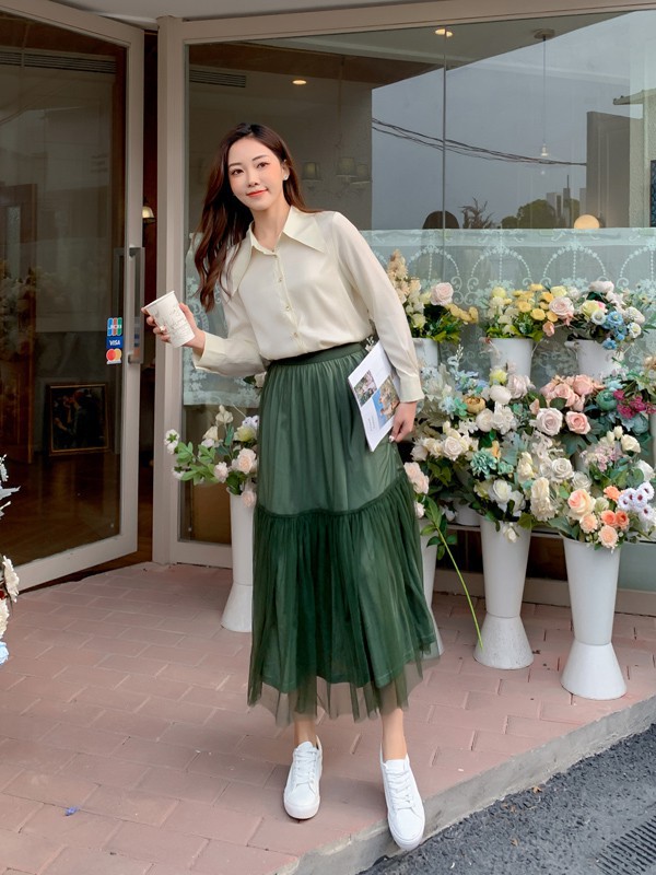 天使韩城女装2021春夏季墨绿色纱网长裙