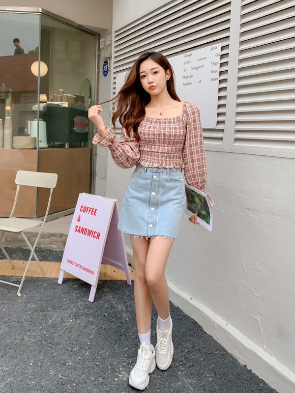 天使韩城女装2021春夏季粉色格子上衣