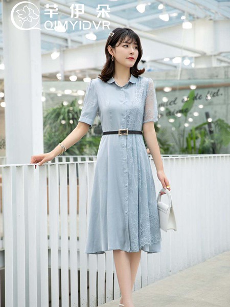 芊伊朵女装2021春夏季蓝色收腰连衣裙