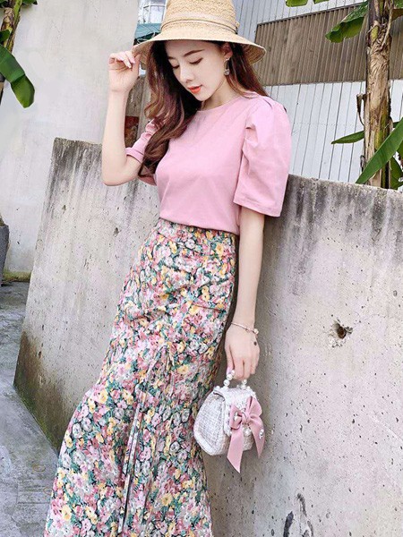 芊伊朵女装2021春夏季绿色碎花半身裙