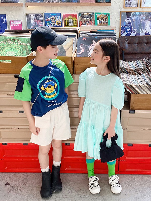 因否童装2021春夏季拼色印花连衣裙